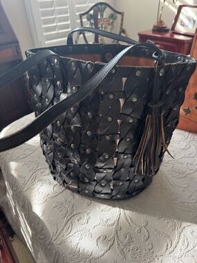 Patricia Nash Black Woven Leather Tote with Tassel Accent